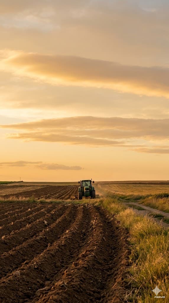 Tractor en finca al atardecer — recambios agrícolas FERVO